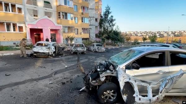 This photo released by Belgorod regio<em></em>nal governor Vyacheslav Gladkov's Telegram channel on Sept. 16, 2024, shows burnt cars in the courtyard of an apartment building after a missile attack by the Armed Forces of Ukraine on the city of Belgorod, Russia.