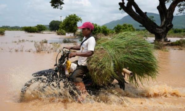 A man drives a motorbike loaded with what looks like grass or hay along a flooded road